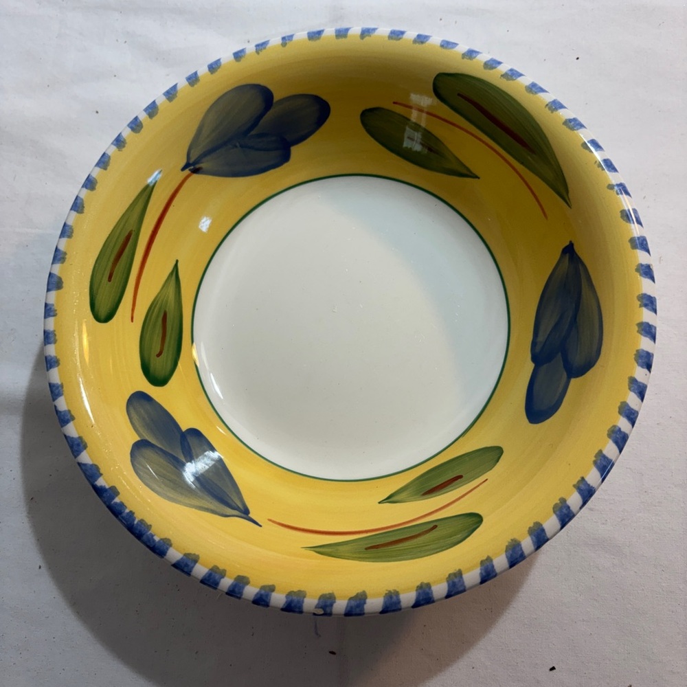 Maxam Hand-Painted Yellow Ceramic Serving Bowl with Floral Motif 8.5 in